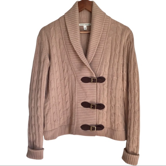 Autumn Cashmere Sweaters - Autumm Cashmere-100% Pure Cashmere Tan/Taupe Buckle/Snap Up V-Neck Sweater SZ Lg